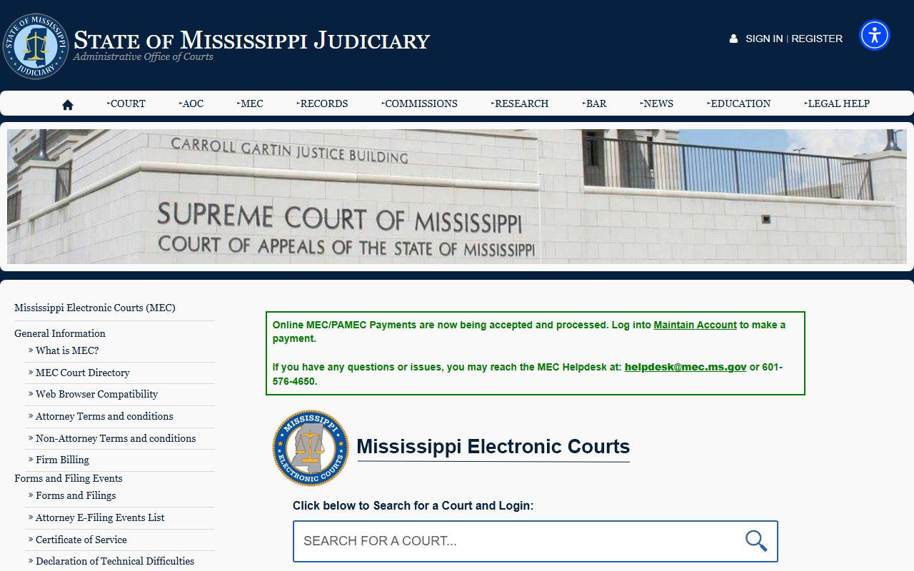 Mississippi Electronic Courts landing page for Itawamba County clerk records