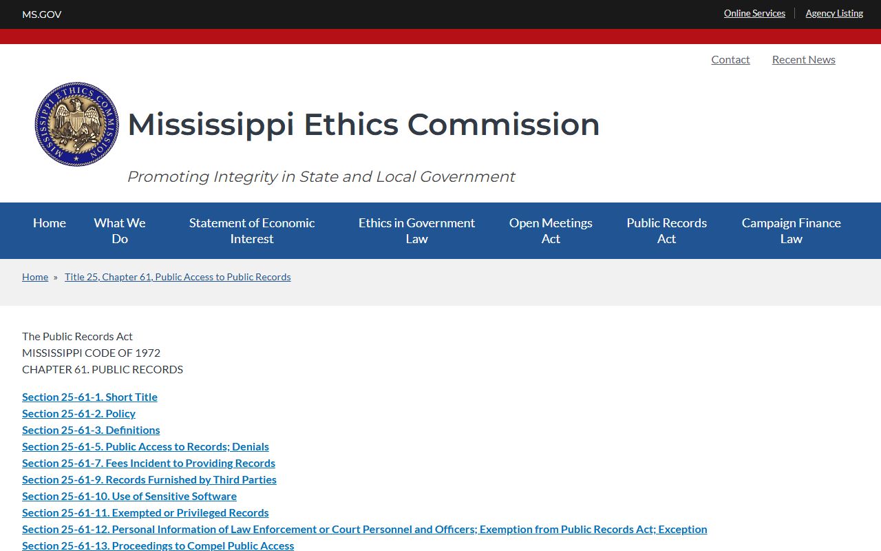 Mississippi Public Records Act text for Itawamba County clerk records requests
