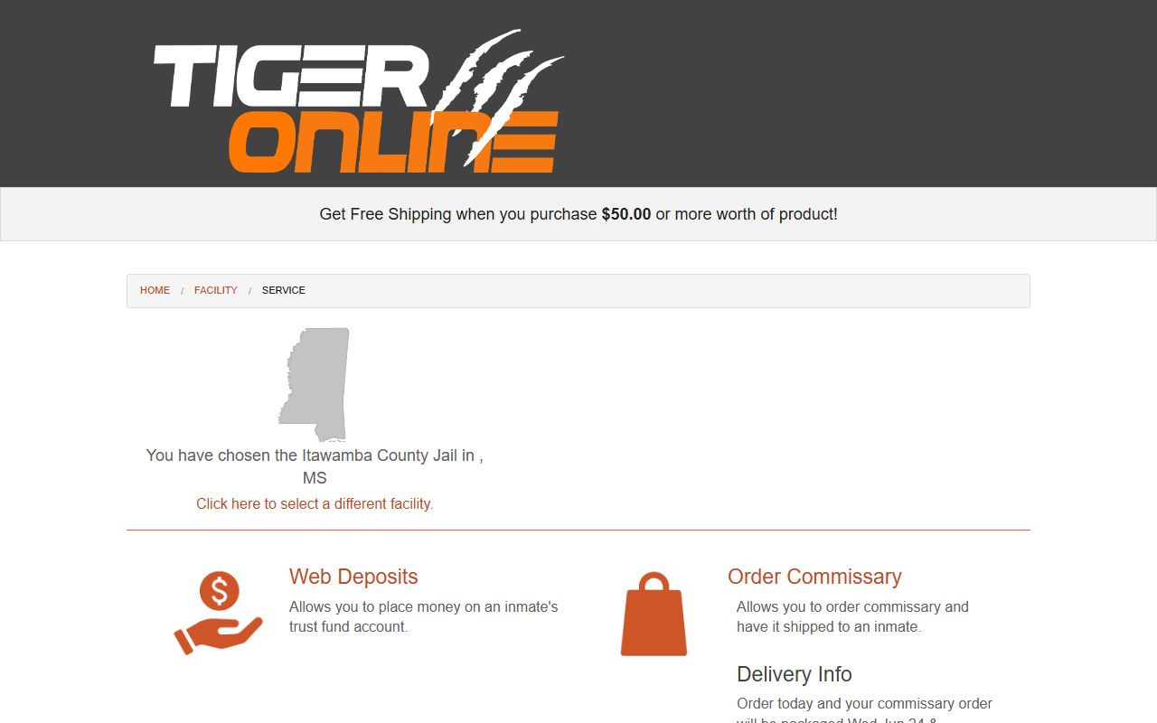 Tiger Commissary page for Itawamba County jail custody and arrest records