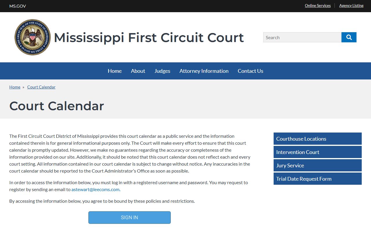 Itawamba County court dockets First Circuit Court calendar login page
