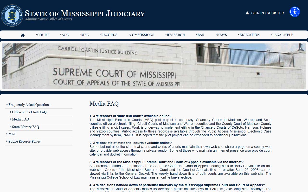 Itawamba County court dockets Mississippi Judiciary media and public access FAQ