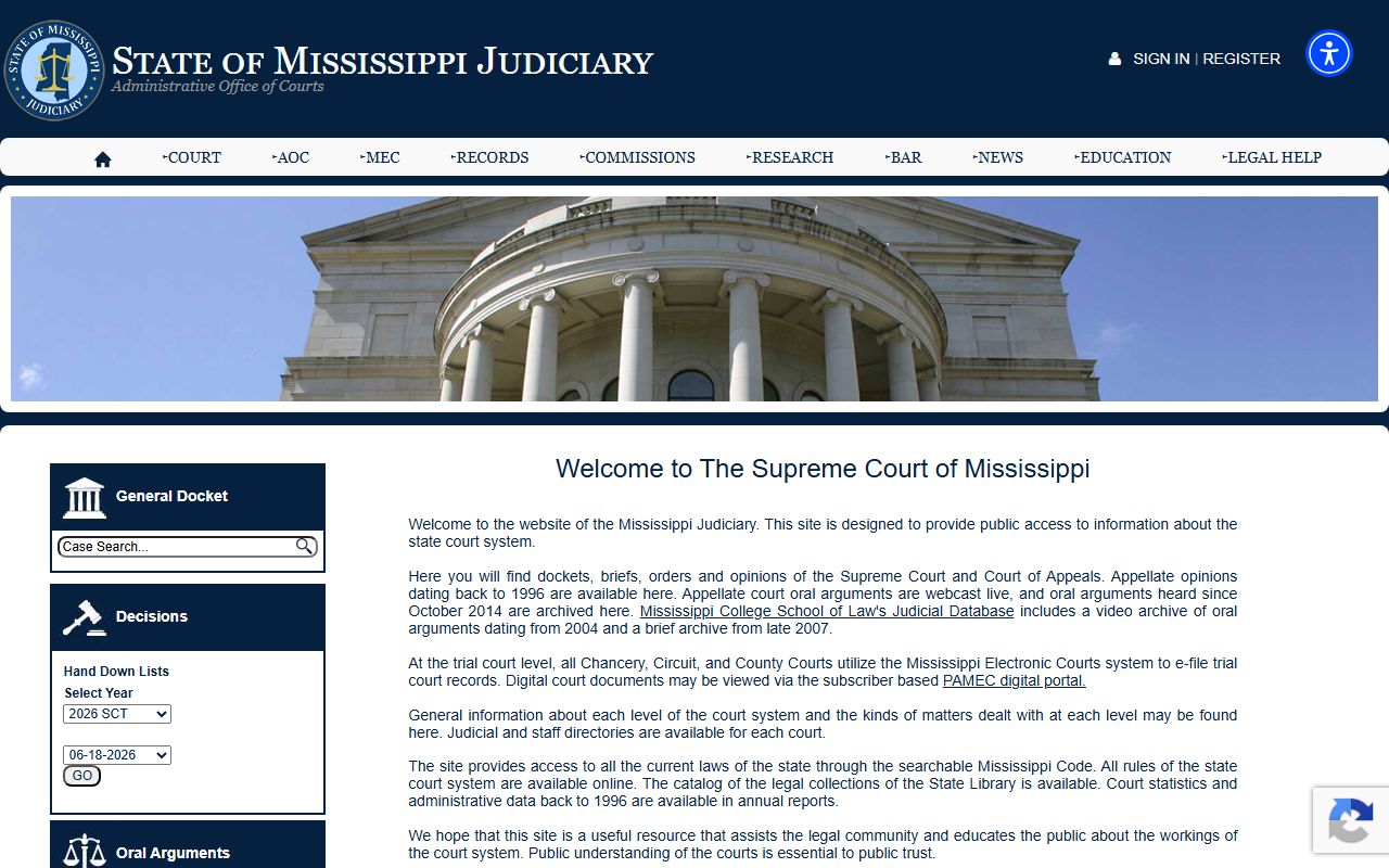 Itawamba County court records access through the Mississippi Judiciary homepage