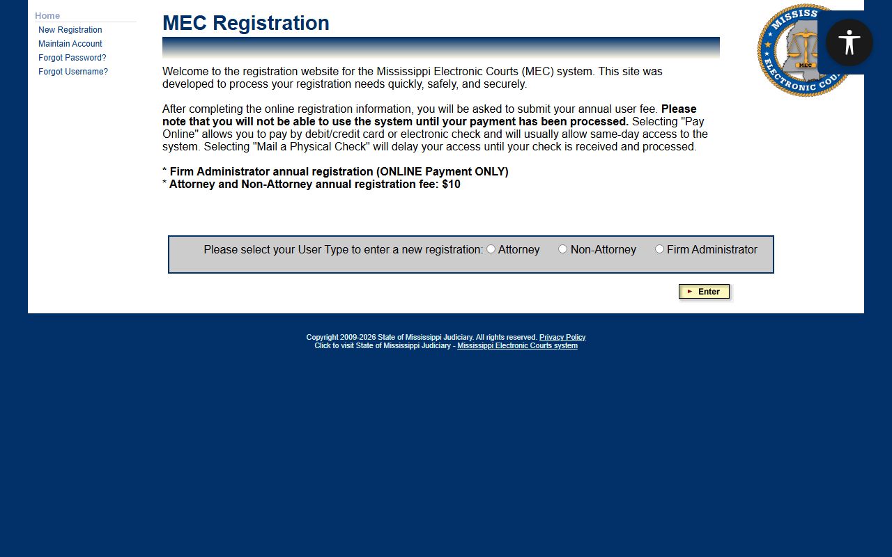 Itawamba County court records PAMEC registration start page
