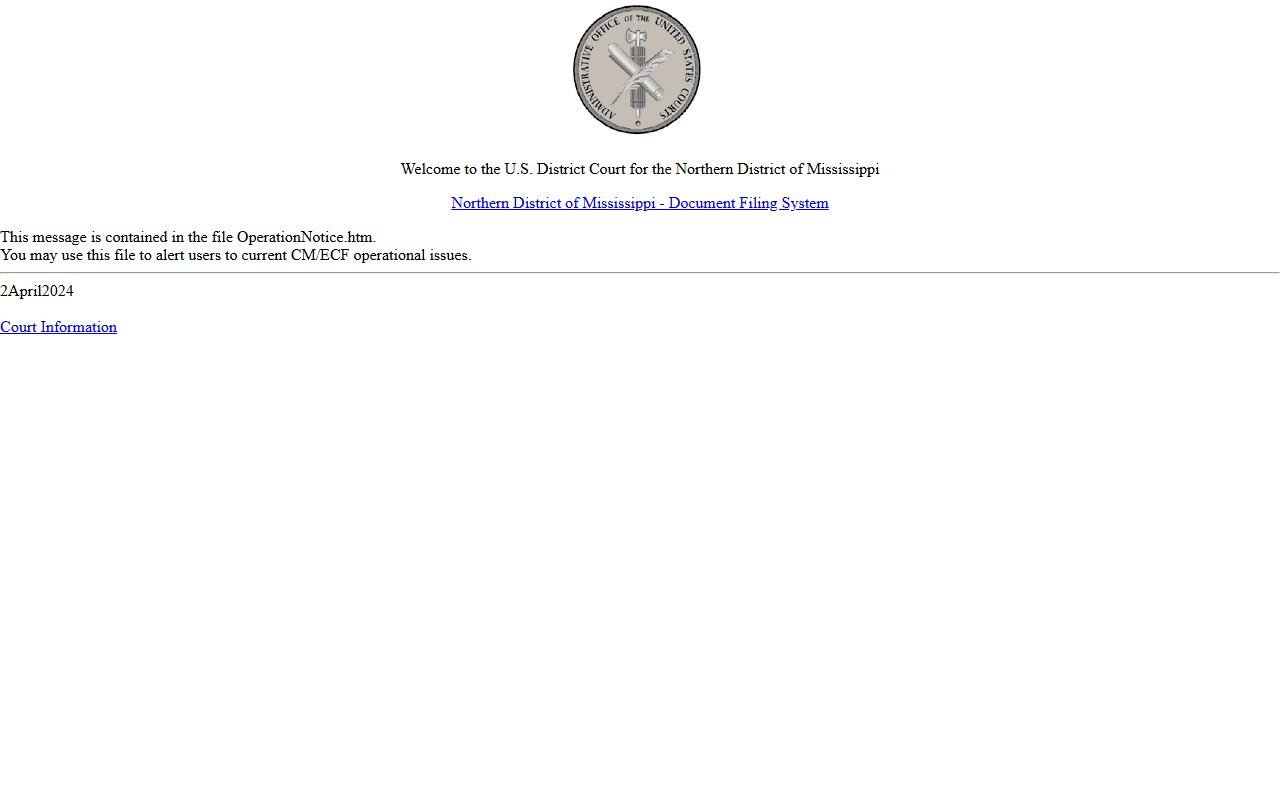 Itawamba County federal court records CM/ECF login for the Northern District of Mississippi