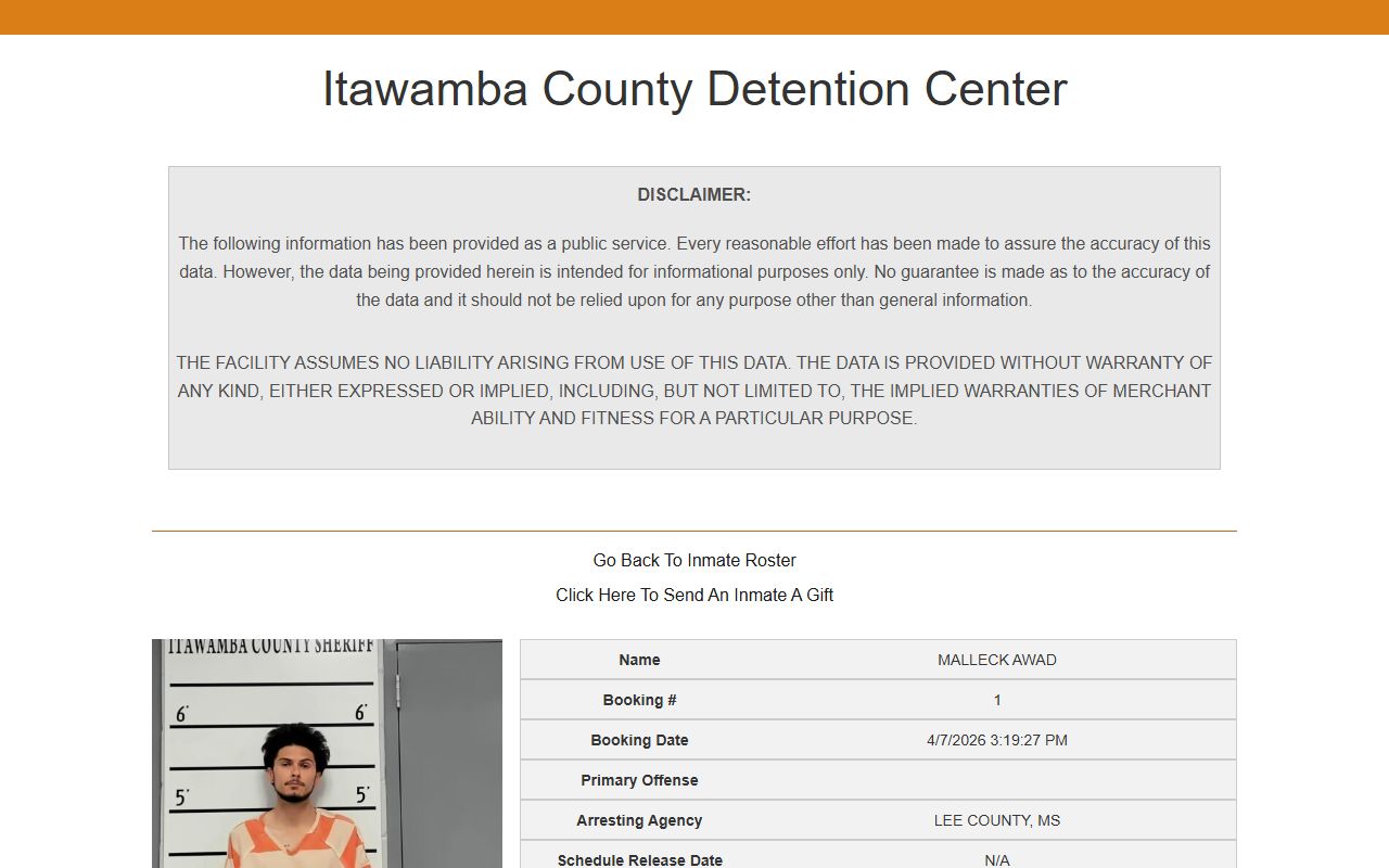 Itawamba County sample jail roster inmate profile with charge details