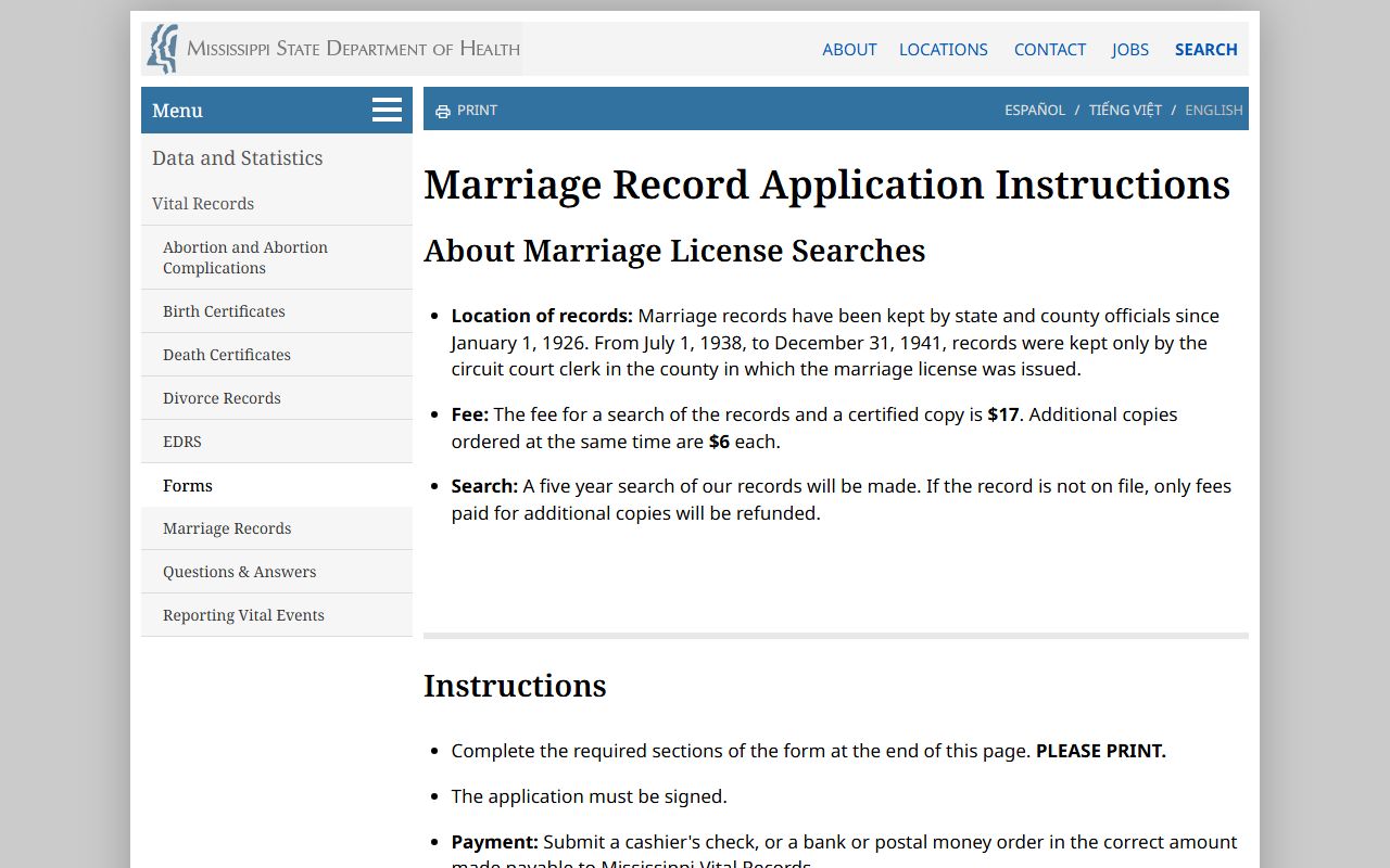 Itawamba County certified marriage record application instructions from Mississippi Vital Records