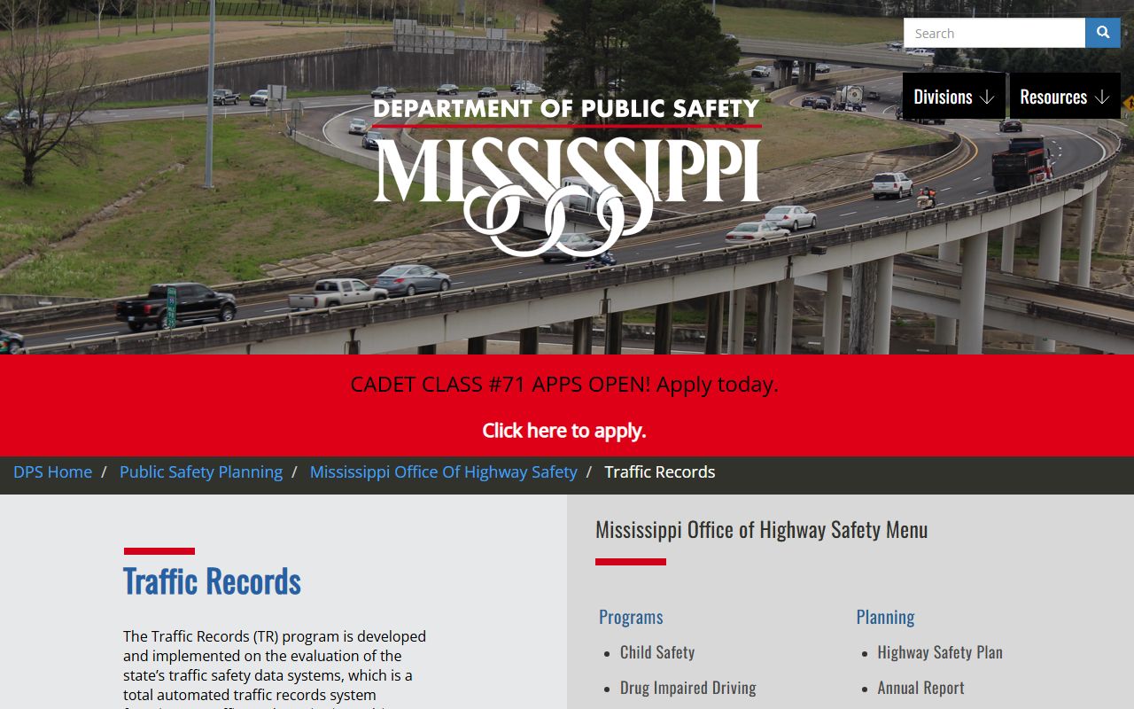 Itawamba County traffic records and the Mississippi DPS Traffic Records program page