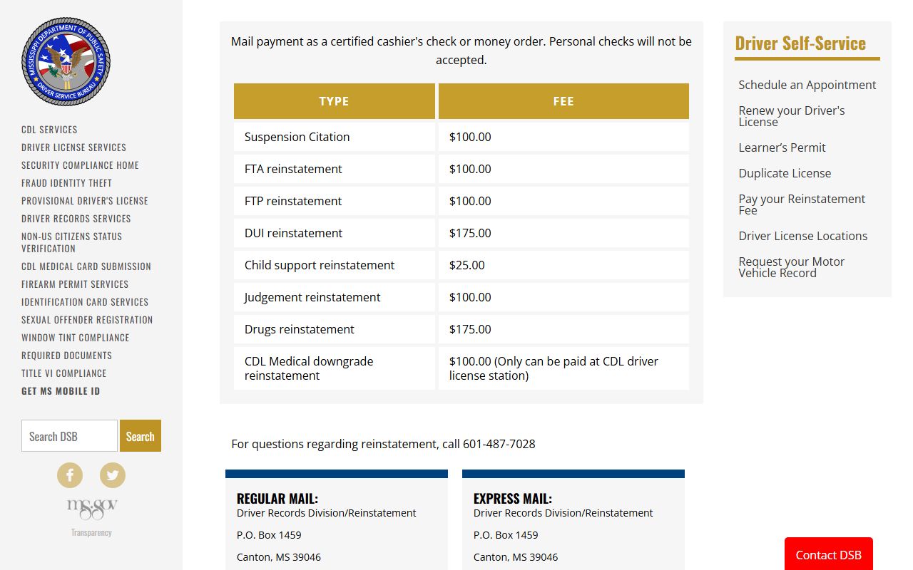 Itawamba County traffic records and the Mississippi DPS license reinstatement fee page